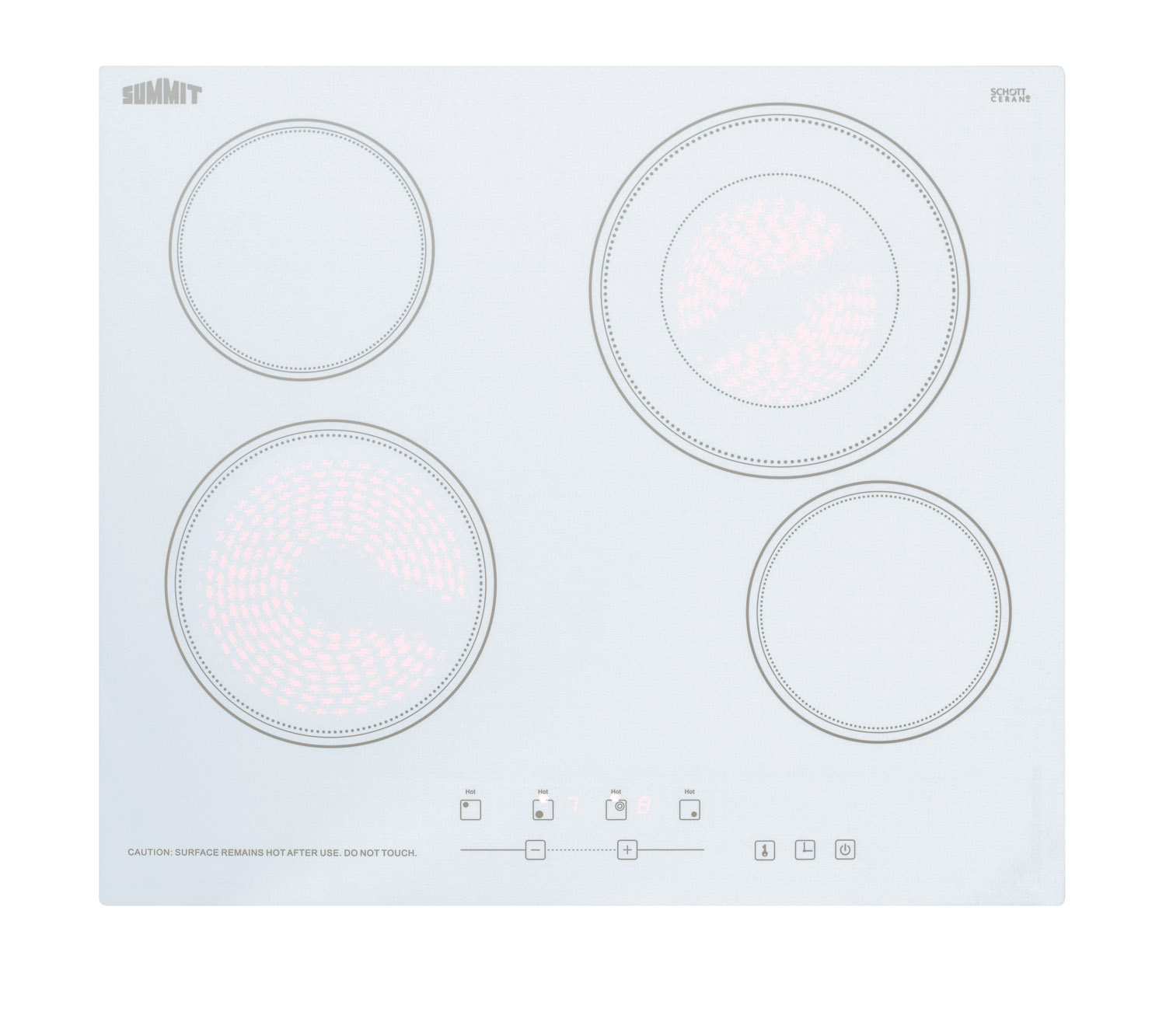230V 4-burner cooktop in white ceramic Schott glass with digital touch controls and an extra large 8